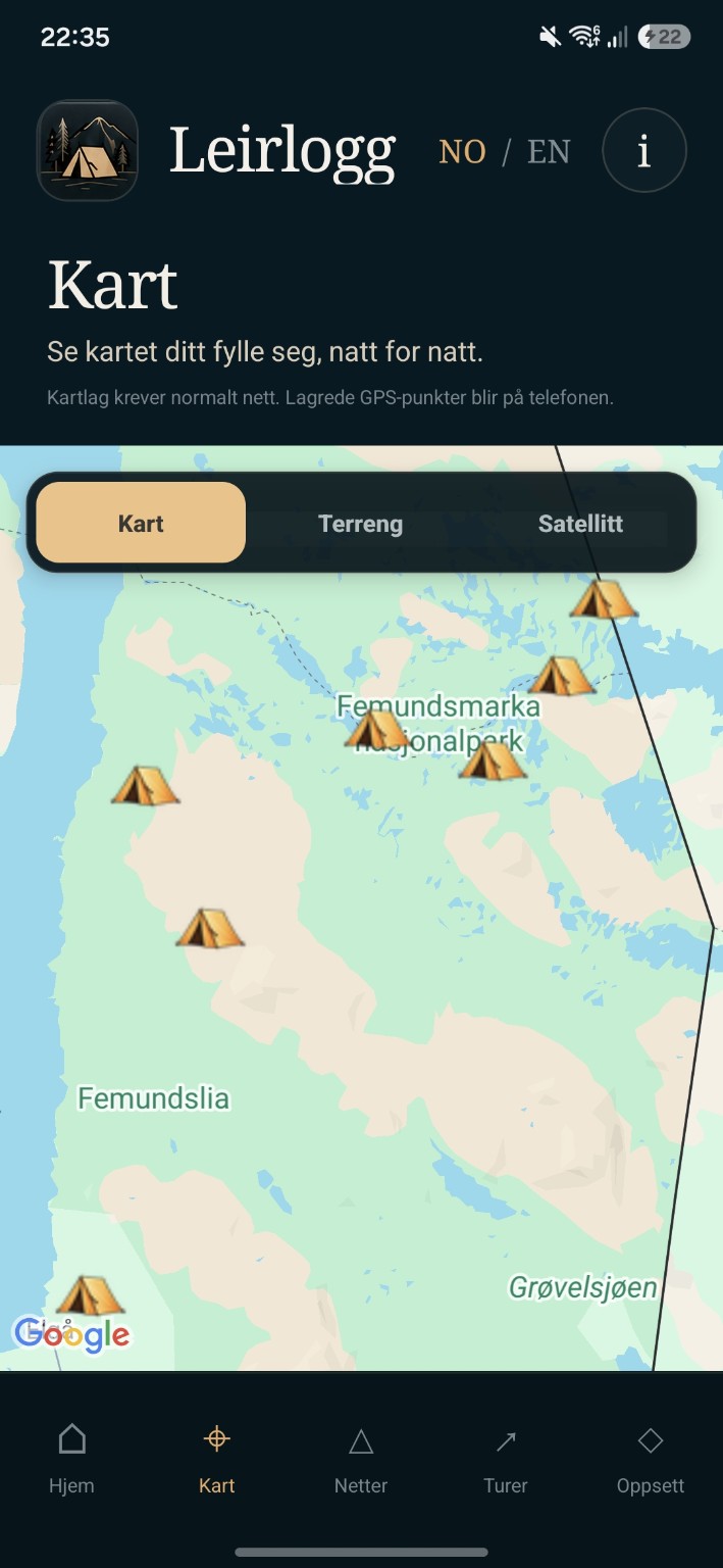 Ekte appskjerm: sju leirsteder fra Femundsmarka samlet på kartet i Leirlogg