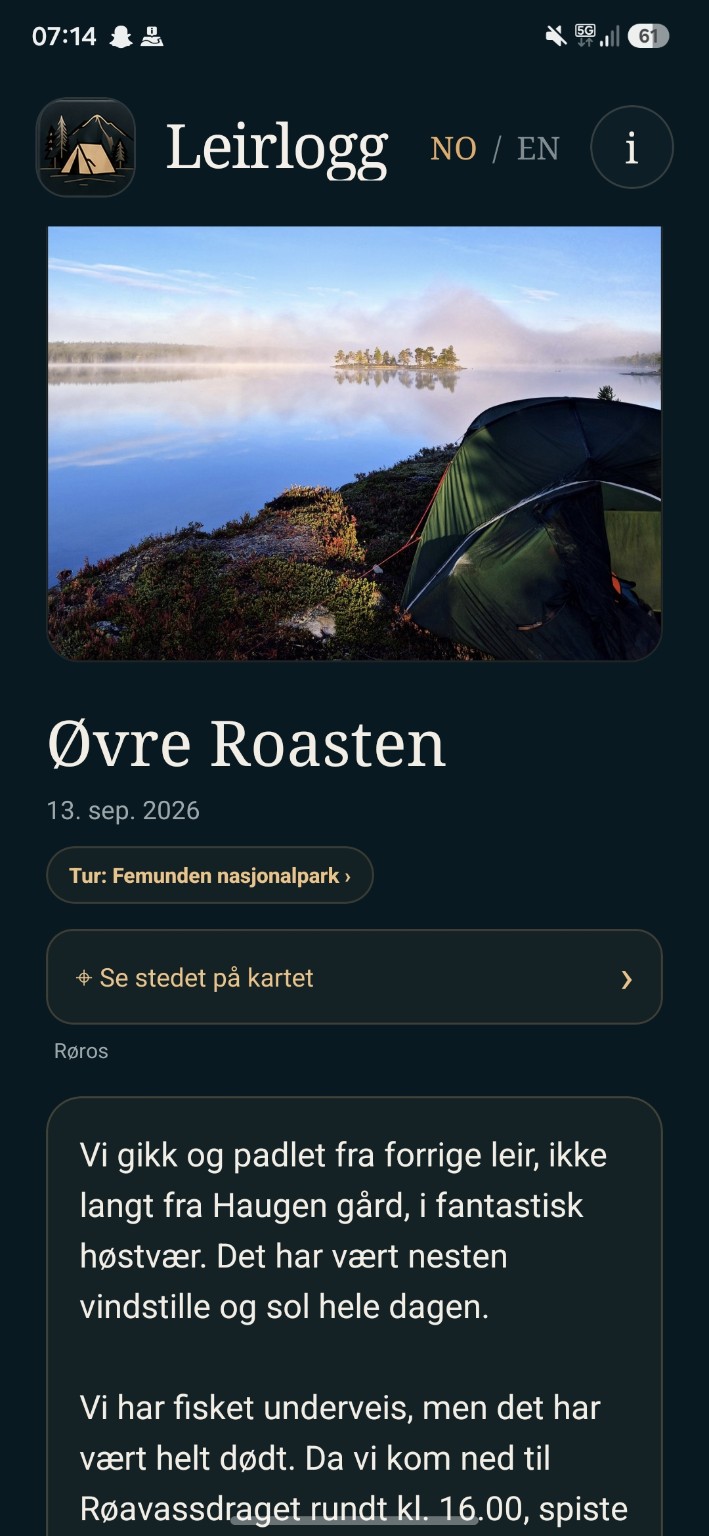Telt ved vannet i Øvre Roasten