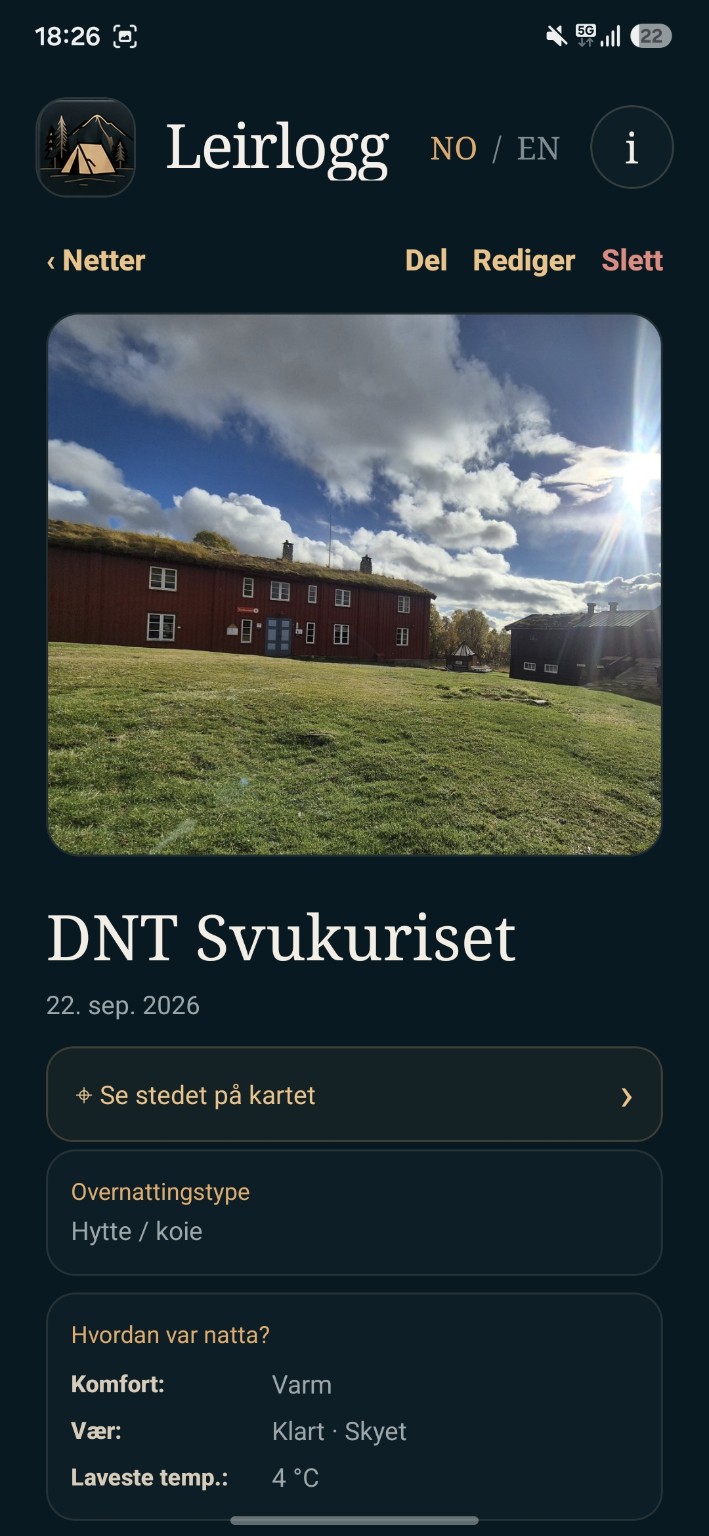 Eksempelregistrering av DNT Svukuriset i Leirlogg, med hyttebilde og overnattingstype.